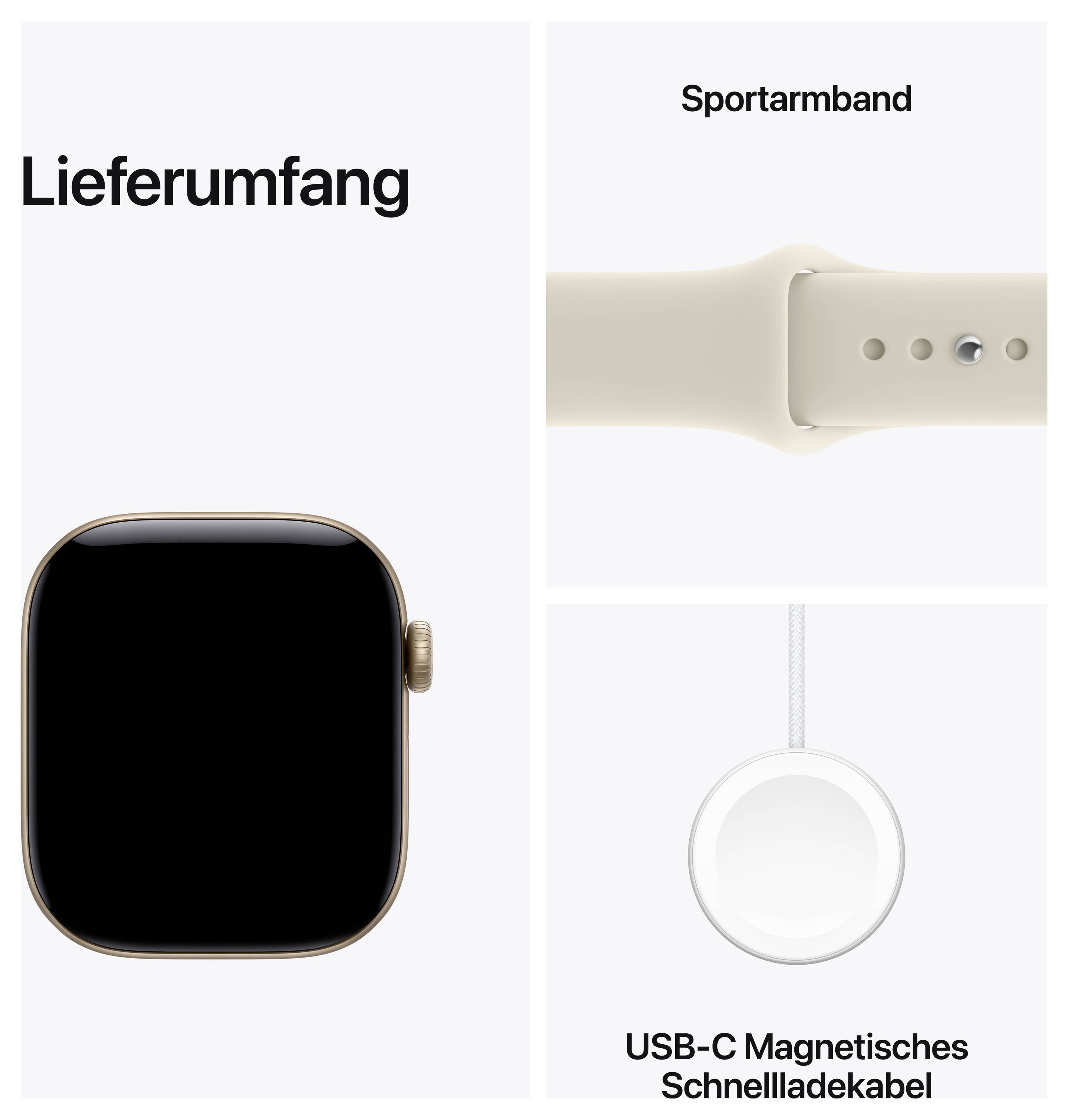 Contenu de la livraison : Montre intelligente, bracelet de sport beige et câble de charge rapide magnétique USB-C.