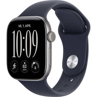 Montre Apple Watch argentée avec bracelet bleu foncé, affichant 10:09 et les complications fitness à l'écran.