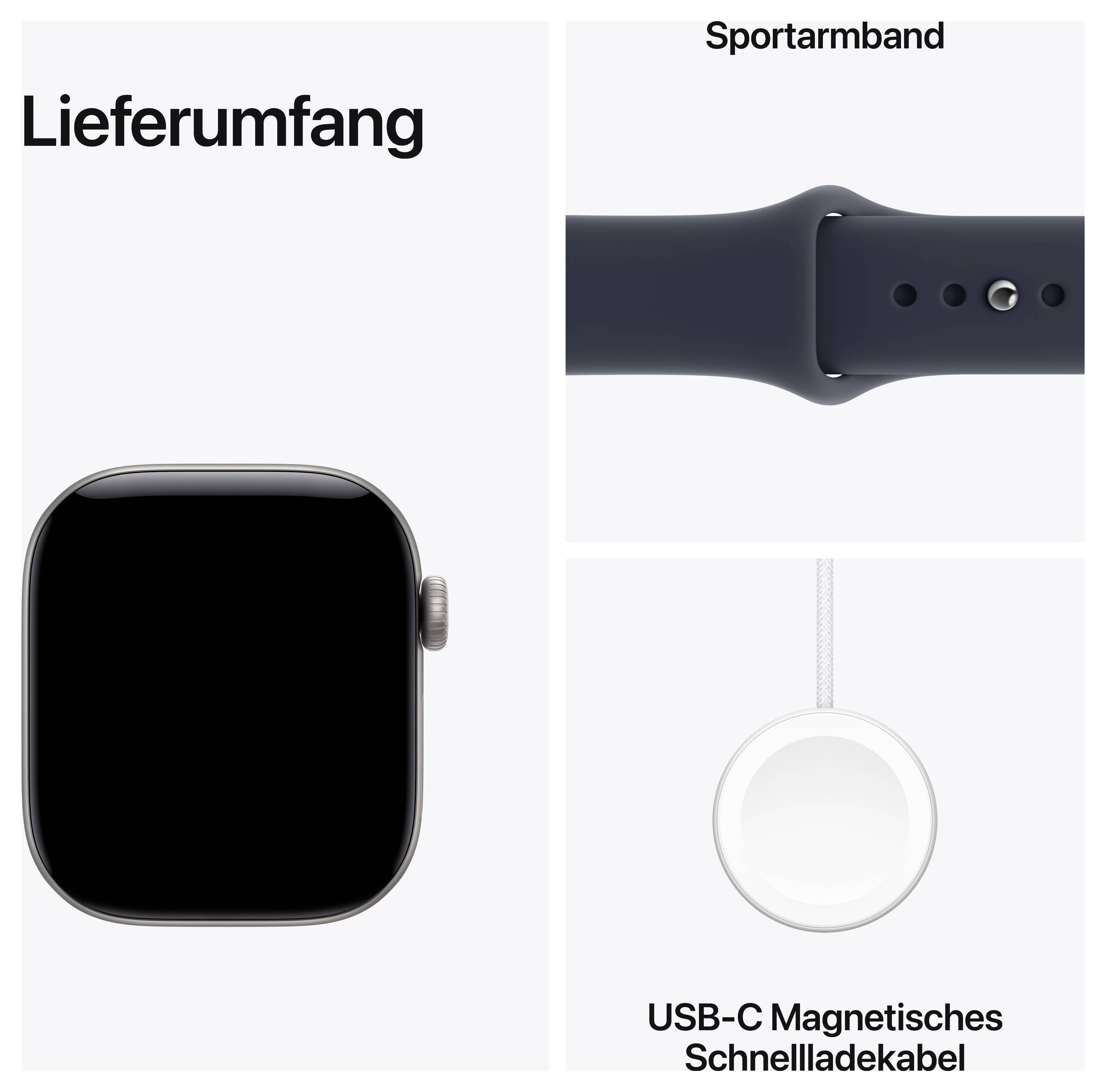 Contenu de la livraison : montre intelligente, bracelet de sport et câble de charge rapide magnétique USB-C.