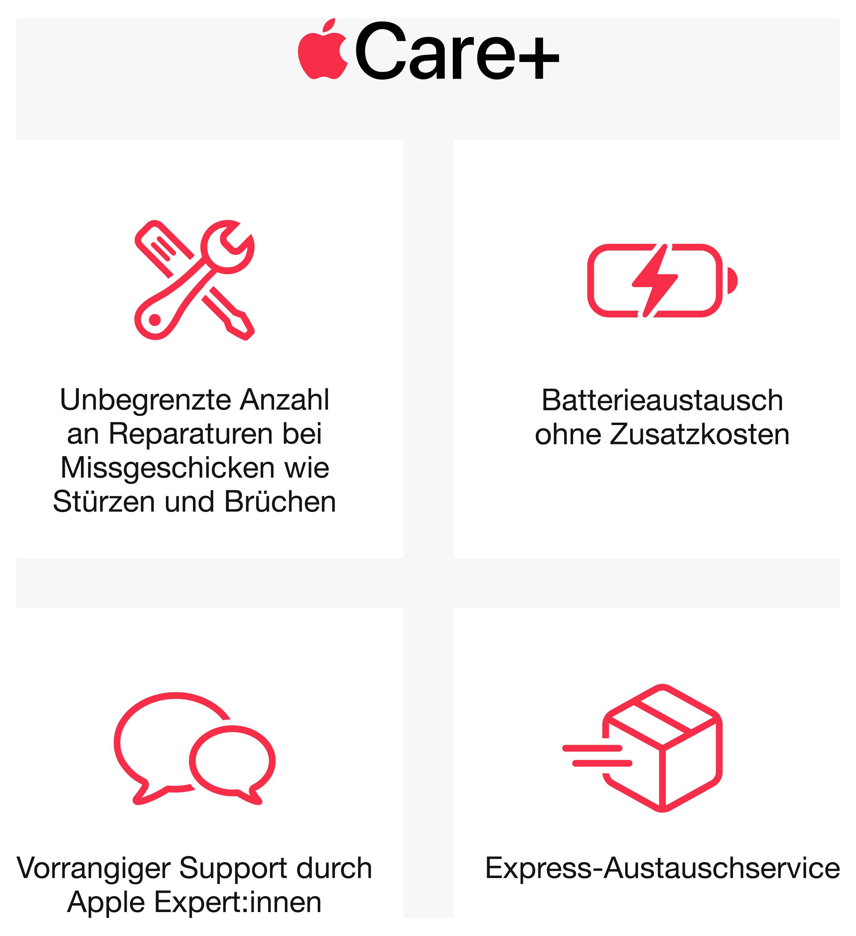 Apple Care+: Quatre prestations en un coup d'œil : réparations illimitées en cas de dommages, remplacement de batterie gratuit, support prioritaire et service d'échange express.