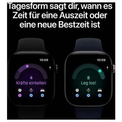 Graphique publicitaire avec deux montres intelligentes et texte « Tagesform te dit quand il est temps de faire une pause ou d'établir un nouveau record personnel » ; à gauche « 4 Répartis les forces », à droite « 8 Vas-y ! ».