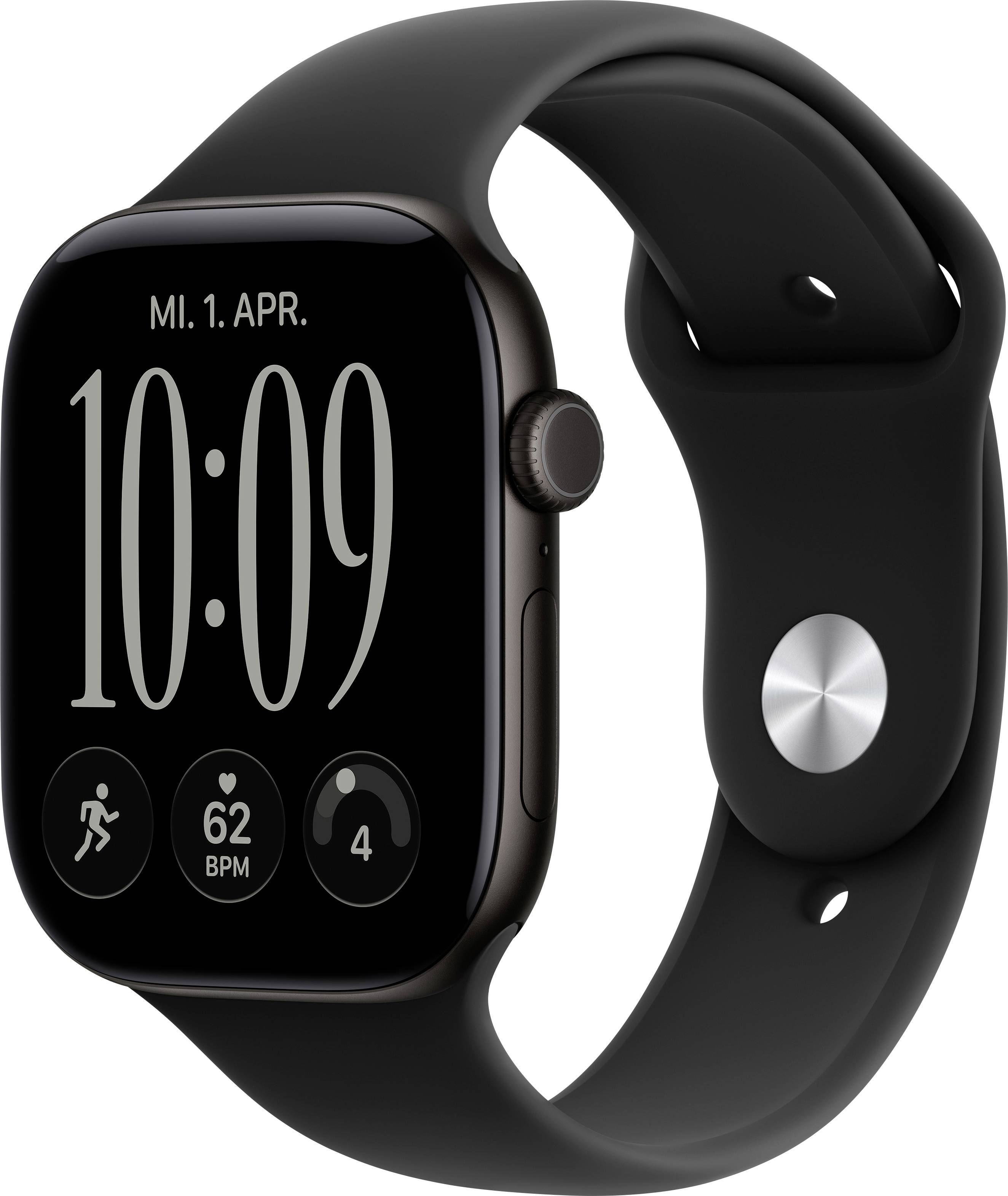 Montre Apple noire affichant 10:09 le lundi 1er avril, avec des widgets de fitness et de fréquence cardiaque sur l'écran.