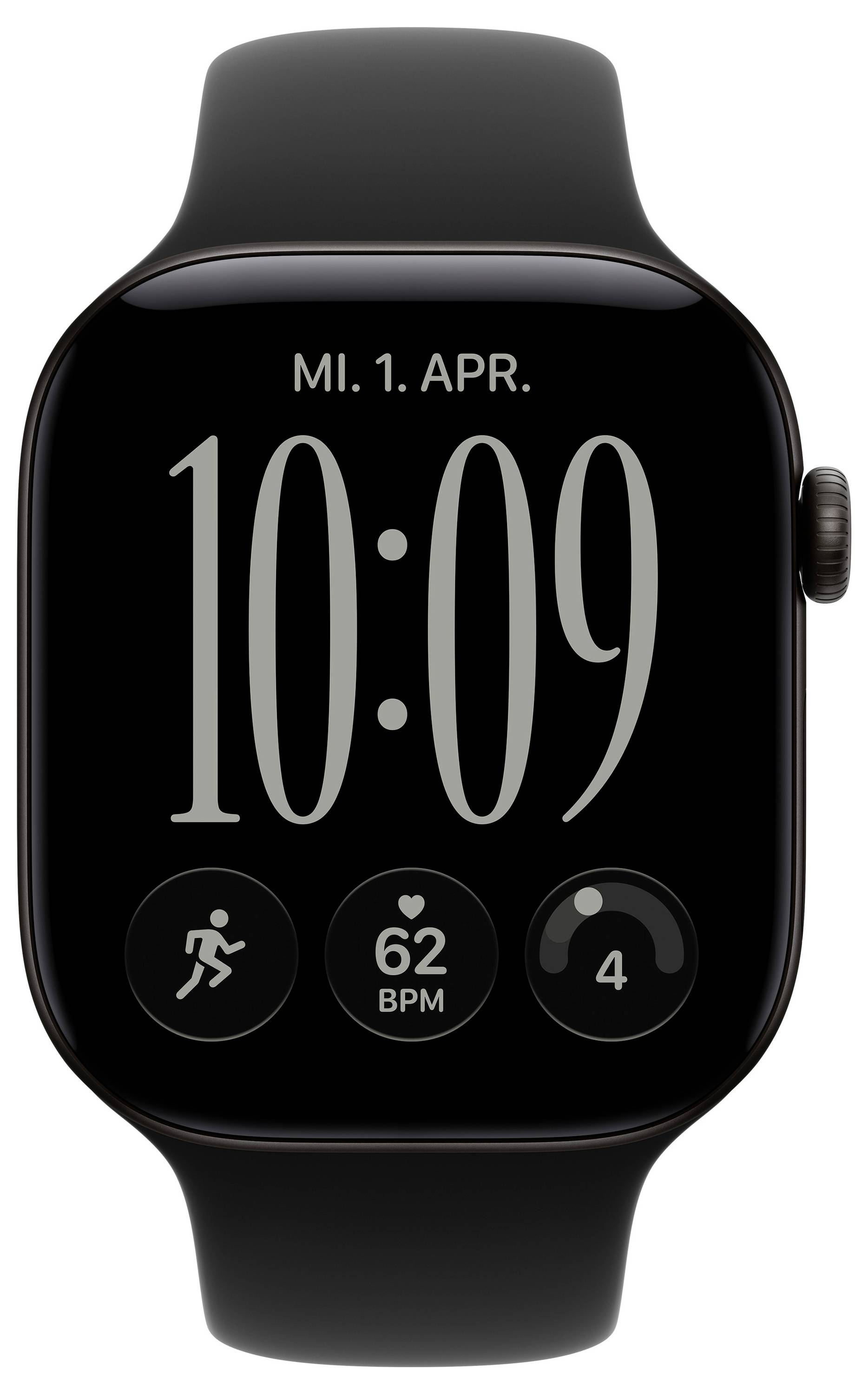 Montre Apple Watch noire affichant l'heure 10:09 et la date « MI. 1. AVR. » avec trois icônes de complication fitness en dessous.