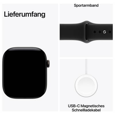 Contenu de la livraison : montre intelligente noire, bracelet de sport et câble de charge rapide magnétique USB-C.