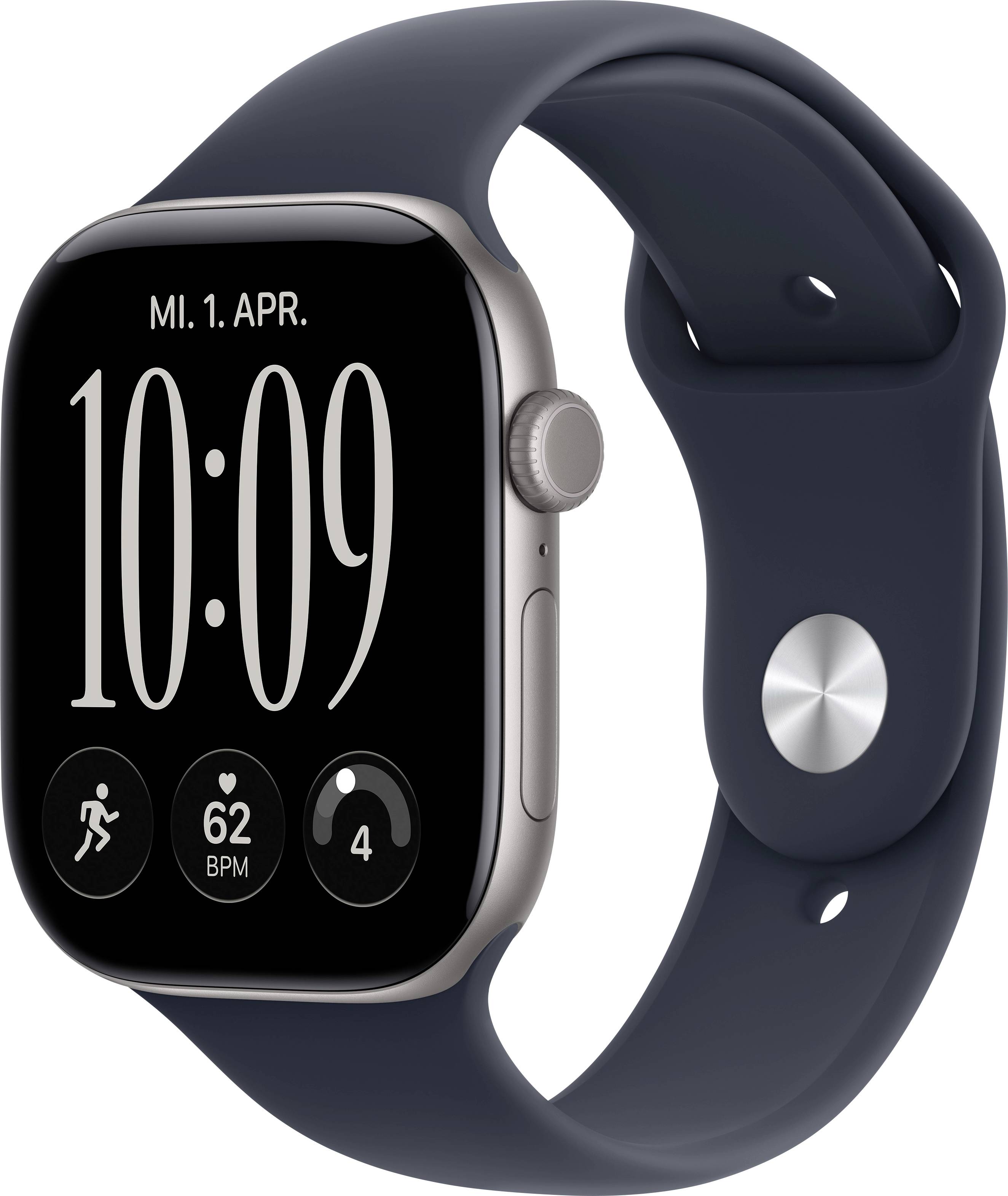 Apple Watch avec bracelet bleu marine affichant 10 h 09, « MI. 1. APR. », et l'activité, la fréquence cardiaque 62 BPM, et les pas 4 sur l'écran.