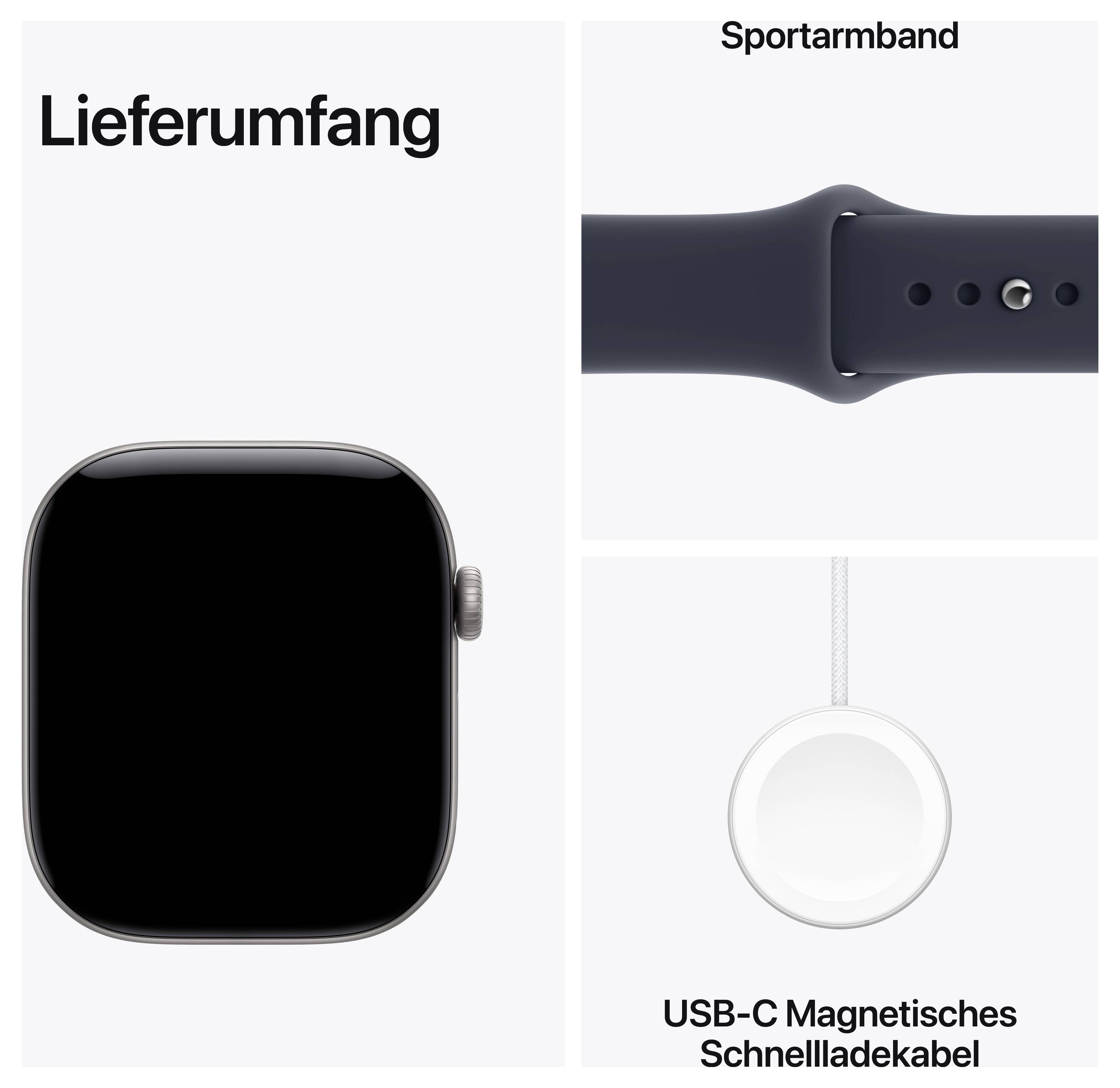Contenu de la livraison : une montre intelligente, un bracelet de sport et un câble de charge rapide magnétique USB-C.