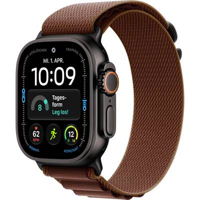 Montre intelligente noire avec bracelet tissé brun affichant 10:09 et les métriques de remise en forme en allemand, y compris la forme quotidienne et la fréquence cardiaque.