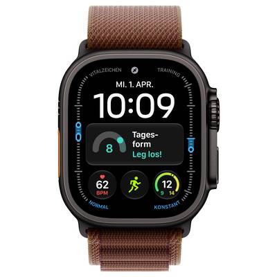 Apple Watch affichant le cadran montre axé sur les entraînements avec l'heure 10:09, la date « MI. 1. APR. », la fréquence cardiaque 62 BPM et les anneaux d'activité en allemand.