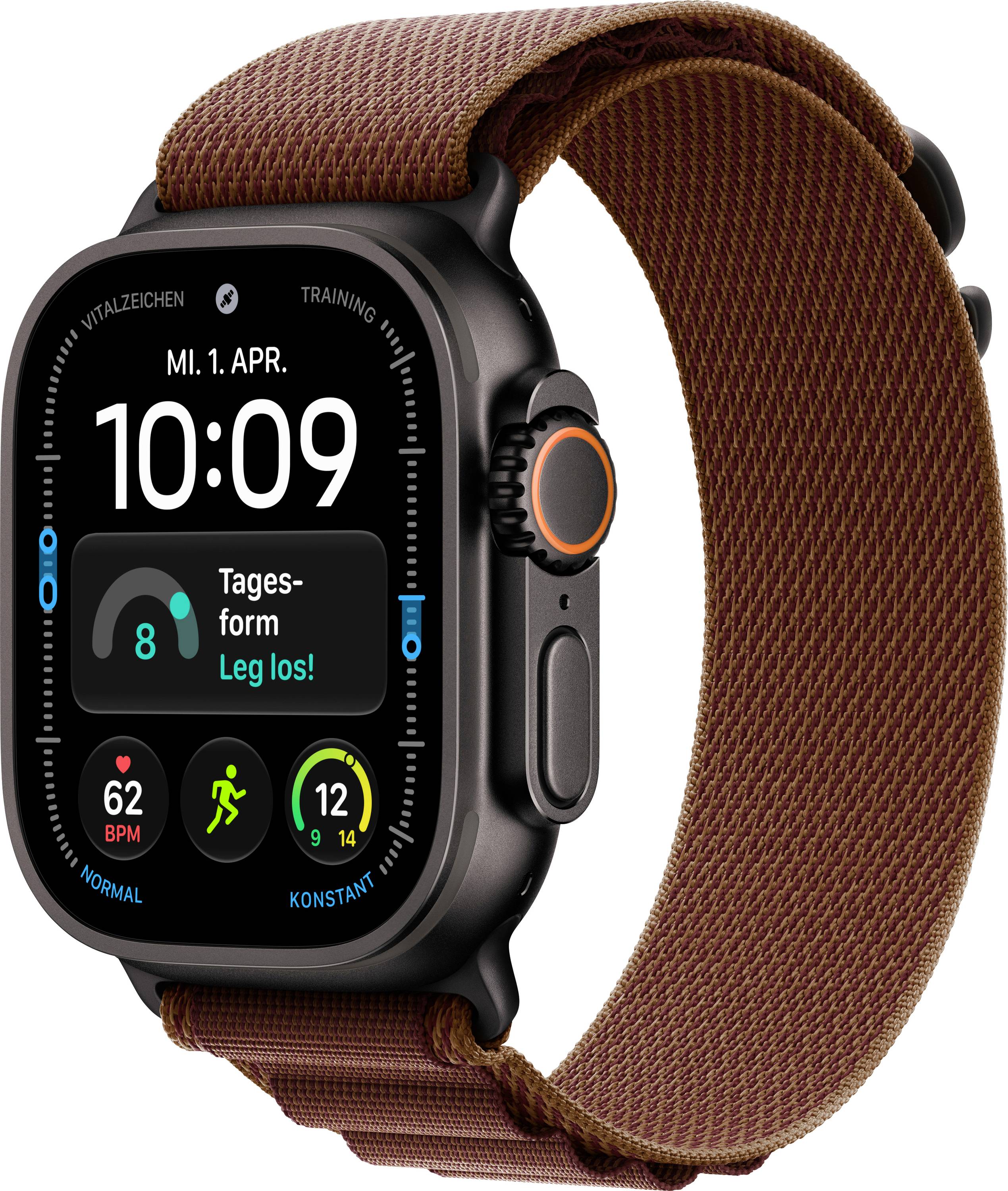 Montre intelligente noire avec bracelet tissé marron affichant un tableau de bord de fitness et l'heure 10:09, incluant la date « MI.1.AVR. », la fréquence cardiaque, les pas et les statistiques d'entraînement.