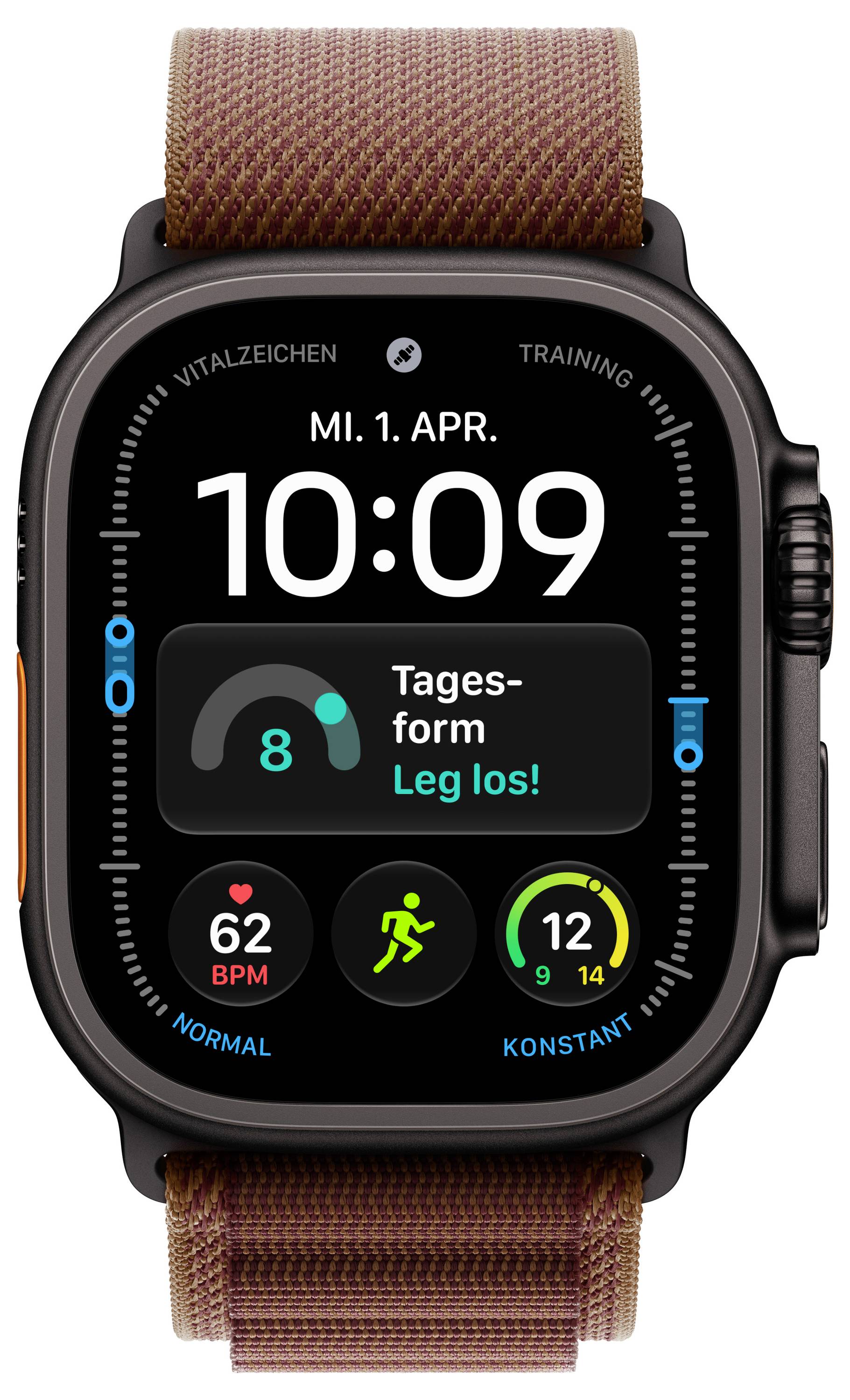 Affichage de l'Apple Watch indiquant 10:09 le mardi 1er avril, avec les anneaux d'activité, la fréquence cardiaque 62 BPM, et une invite d'entraînement « Tagesform » en allemand.