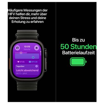 Publicité pour une montre intelligente : des mesures de la fréquence cardiaque plus fréquentes aident à gérer le stress et la récupération ; jusqu'à 50 heures d'autonomie de batterie.
