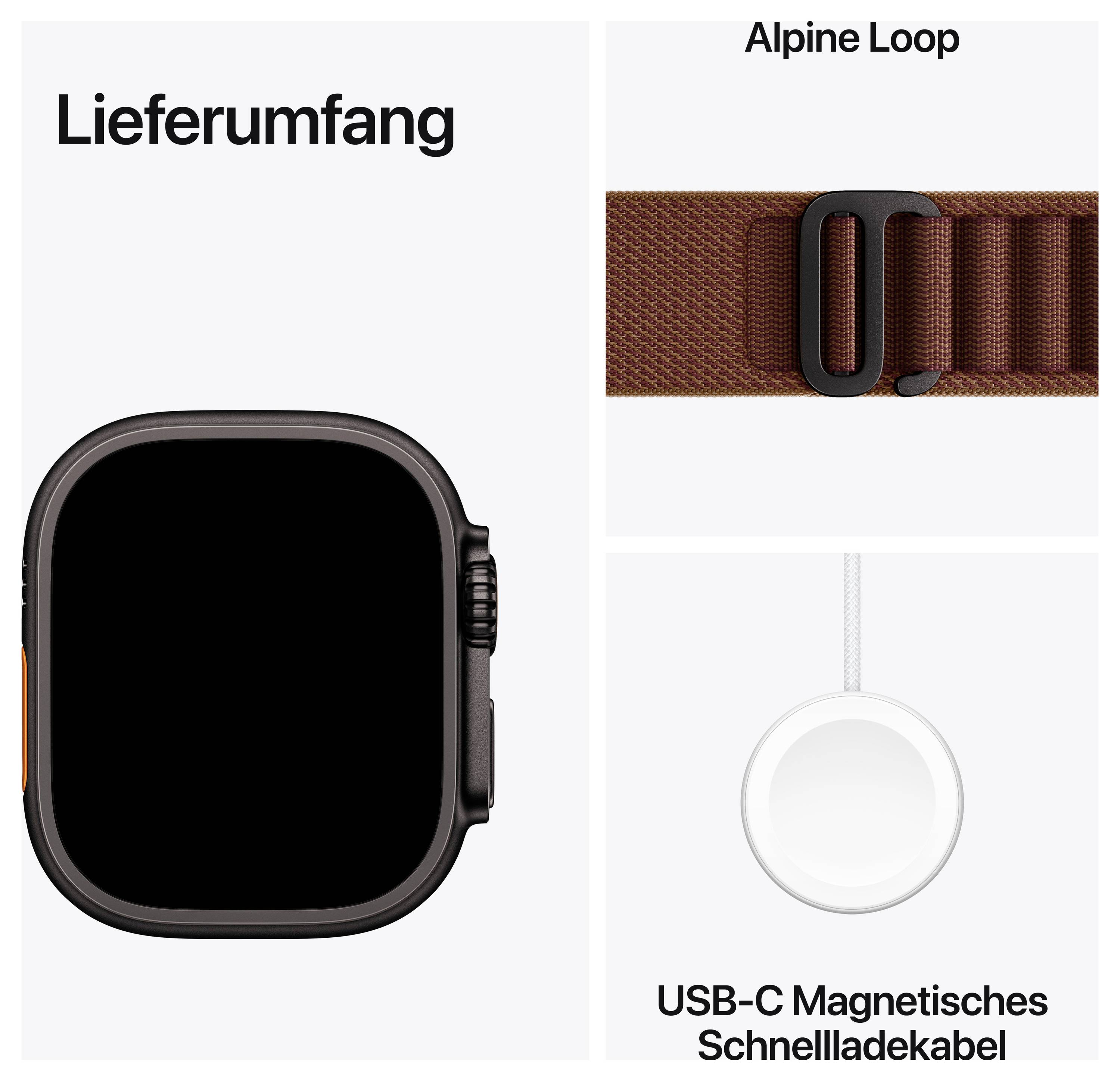 Contenu de la livraison d'un ensemble de montre intelligente : boîtier de montre, bracelet Alpine Loop et câble de charge rapide magnétique USB-C.