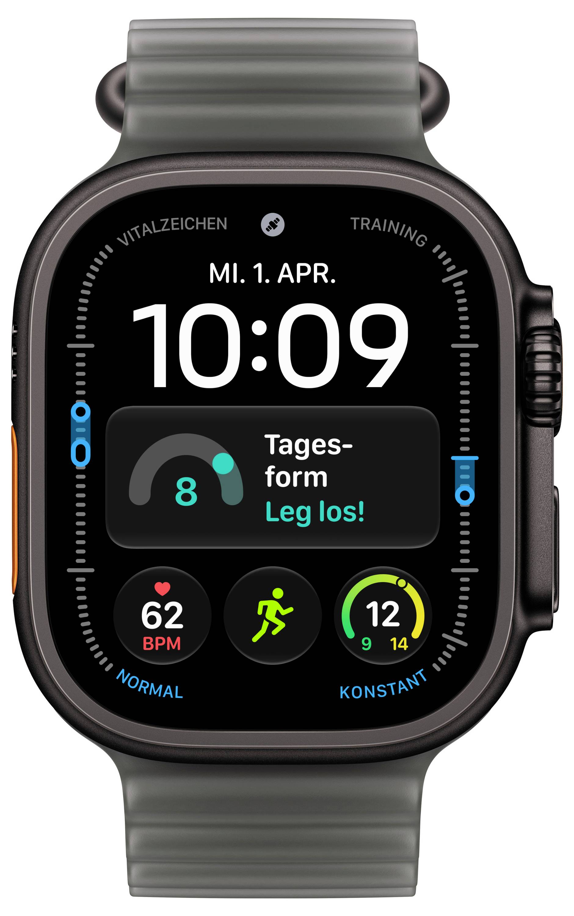 Montre intelligente affichant l'heure 10:09 le mardi 1er avril, avec des widgets de remise en forme pour la fréquence cardiaque, l'activité, et une invite « Tages-form » pour commencer l'exercice des jambes.