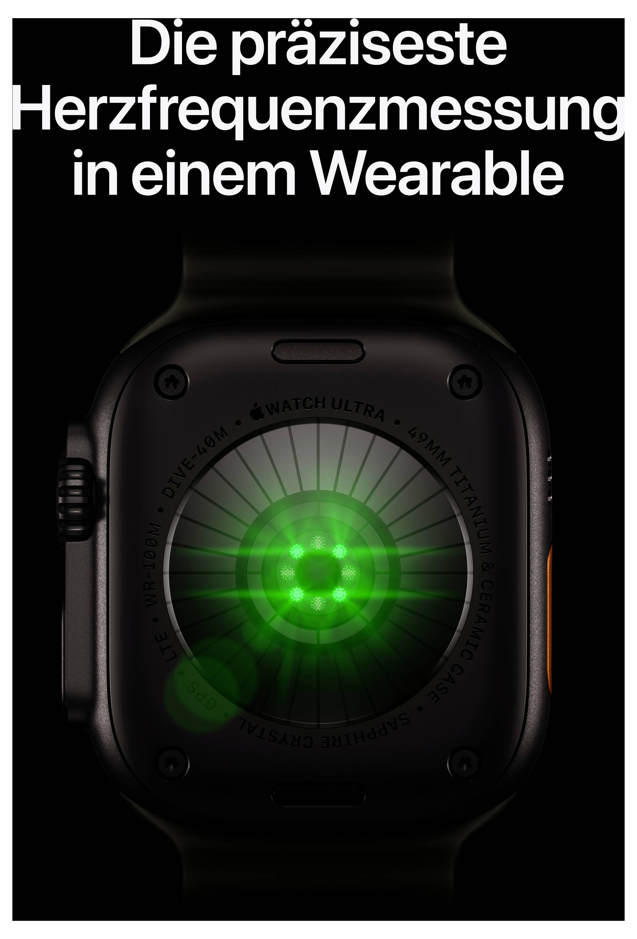 Apple Watch Ultra avec capteur brillant vert ; Texte : « La mesure de fréquence cardiaque la plus précise d'une montre intelligente ».