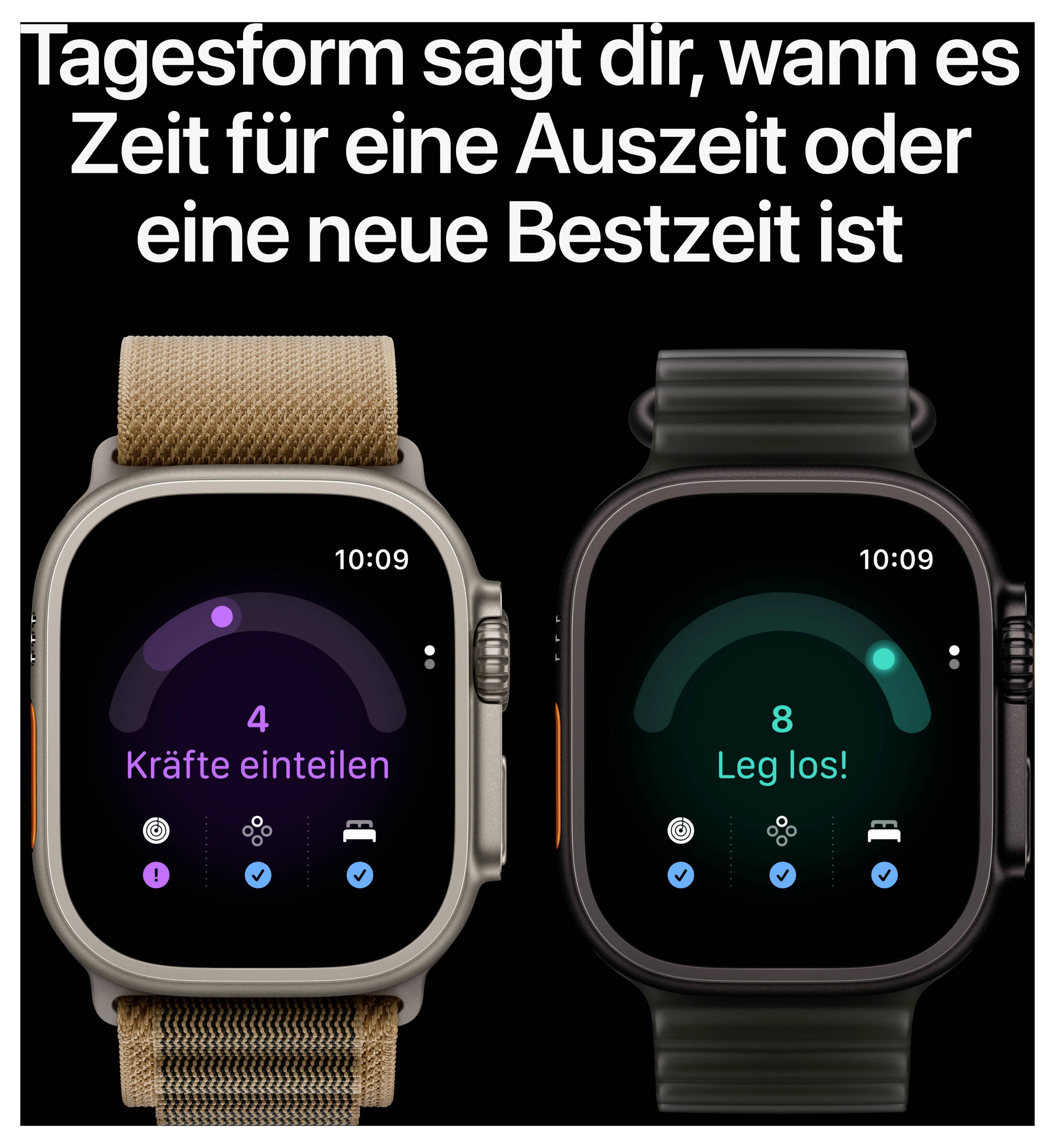 Image publicitaire avec deux montres intelligentes et le texte « Tagesform te dit quand il est temps de te reposer ou d'établir un nouveau record personnel » ; à gauche récupération, à droite objectif fitness.