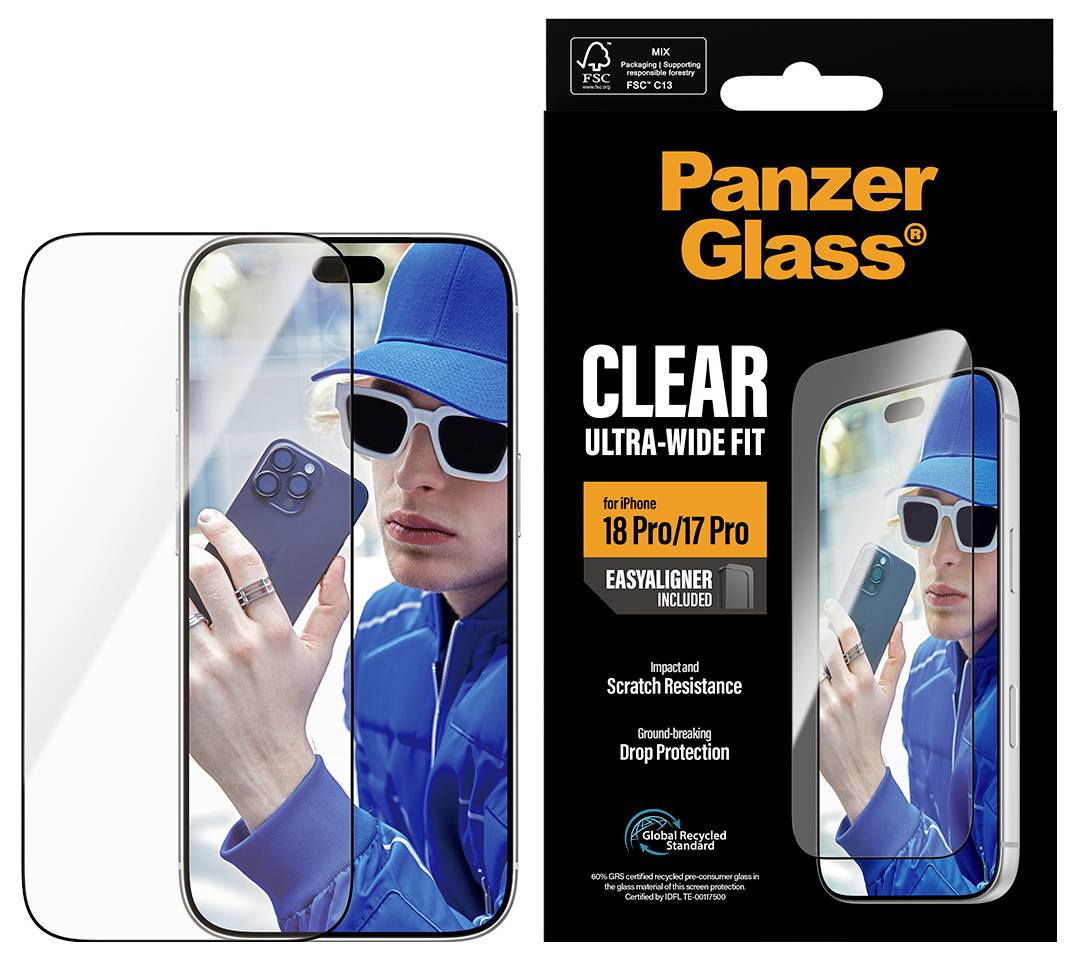 Protecteur d'écran PanzerGlass Clear ultra-large pour iPhone 18 Pro/17 Pro, présenté avec un téléphone et un emballage mettant en avant la résistance aux rayures et la protection contre les chutes.
