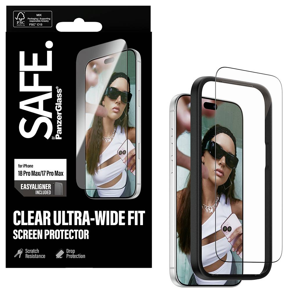 Emballage pour protecteur d'écran SAFE PanzerGlass transparent ultra-large pour iPhone 18 Pro Max/17 Pro Max, présenté avec le téléphone installé et le cadre du protecteur.