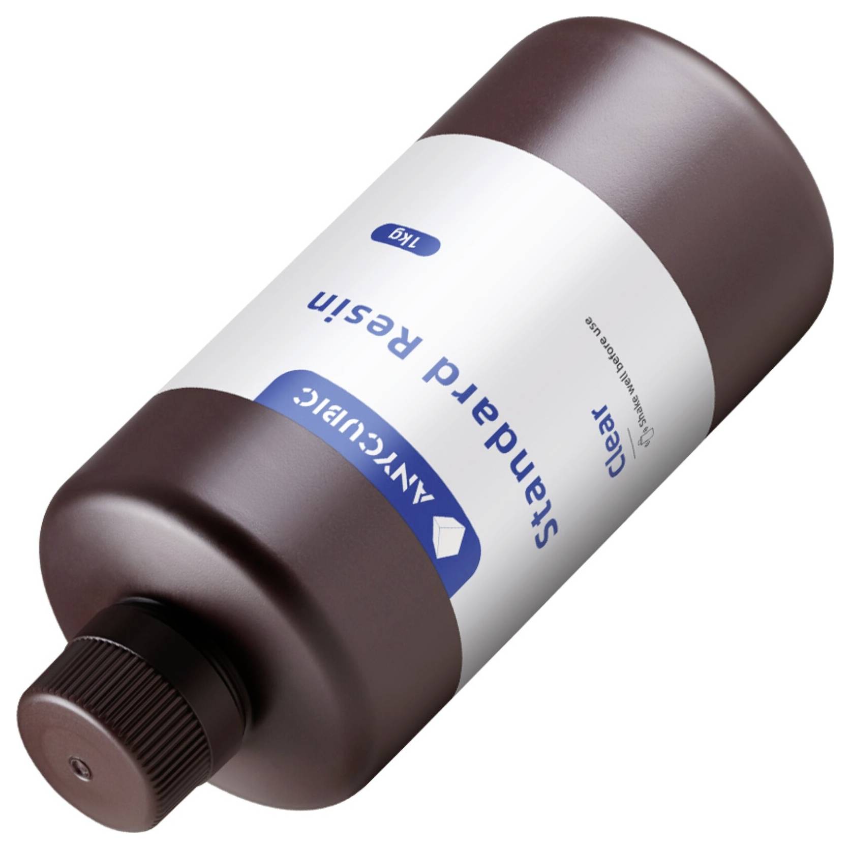 Bouteille brune étiquetée « Standard Resin » et « Clear », présentée sur un fond blanc avec un bouchon noir.
