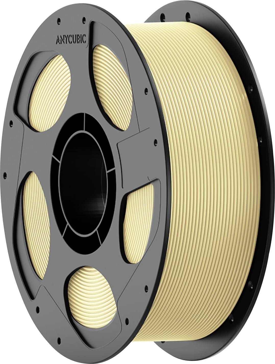 Bobine de filament d'imprimante 3D beige sur une bobine noire Anycubic.