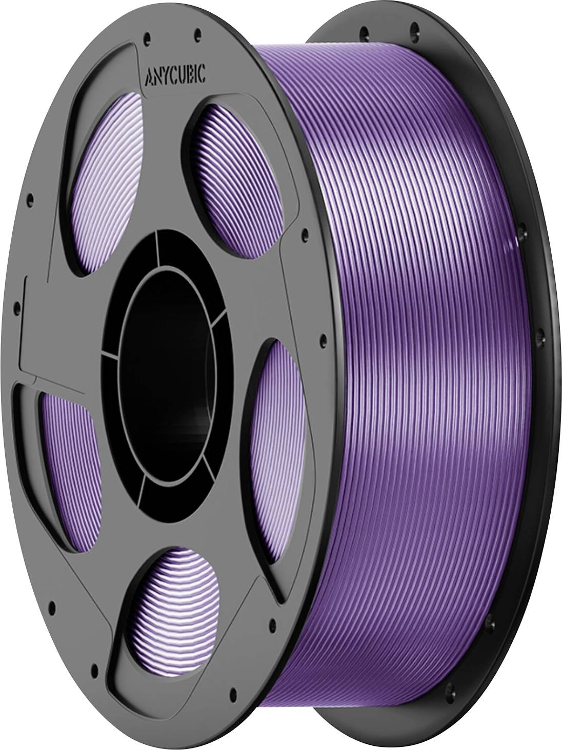 Une bobine de filament d'imprimante 3D violet sur une bobine noire, présentée sous un angle.