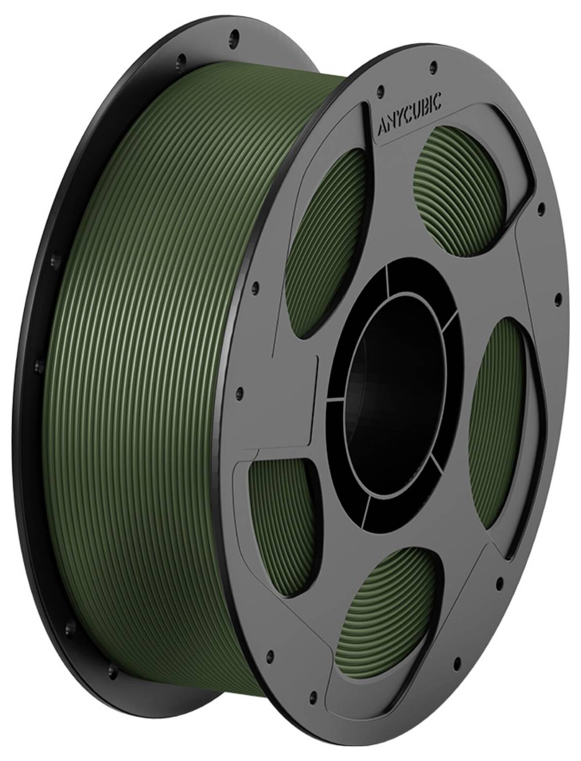 Bobine de filament pour imprimante 3D verte sur une bobine noire étiquetée « ANYCUBIC ».