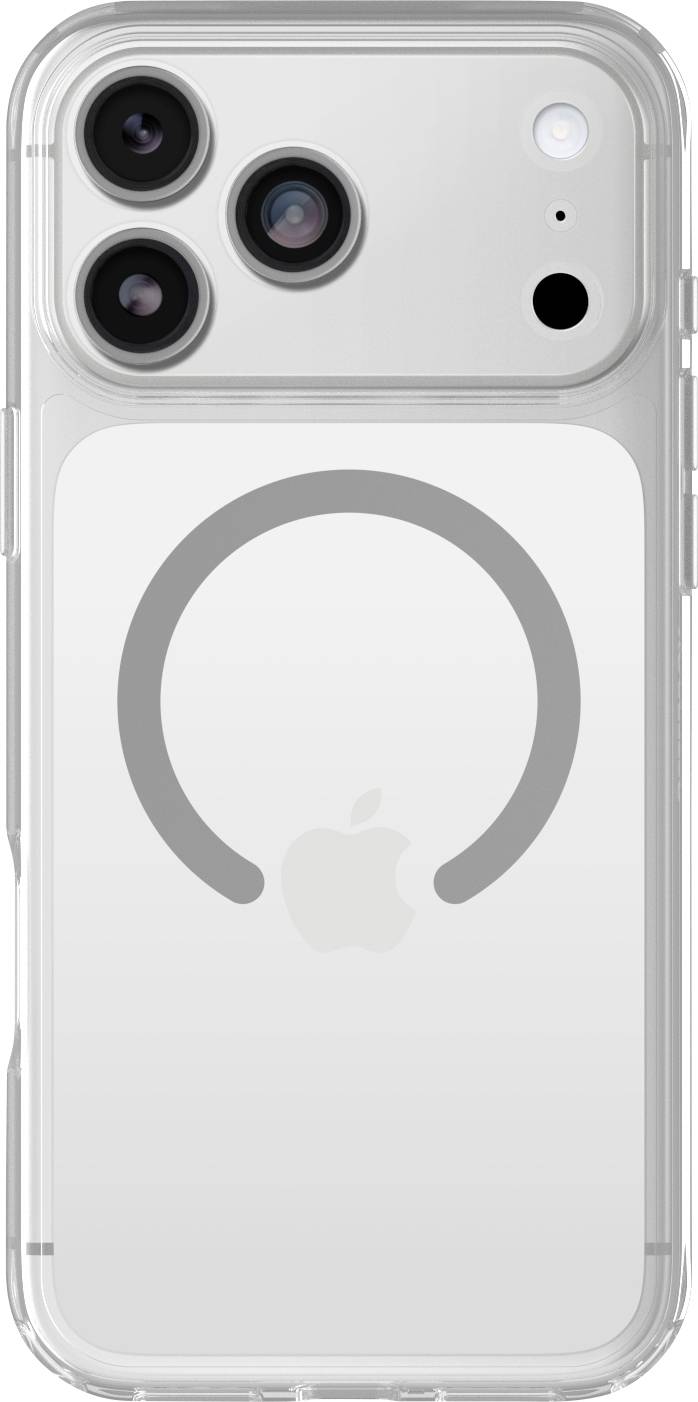 Arrière d'une coque iPhone transparente montrant un grand anneau de charge MagSafe gris et le logo Apple, avec triple objectifs de caméra en haut à gauche.