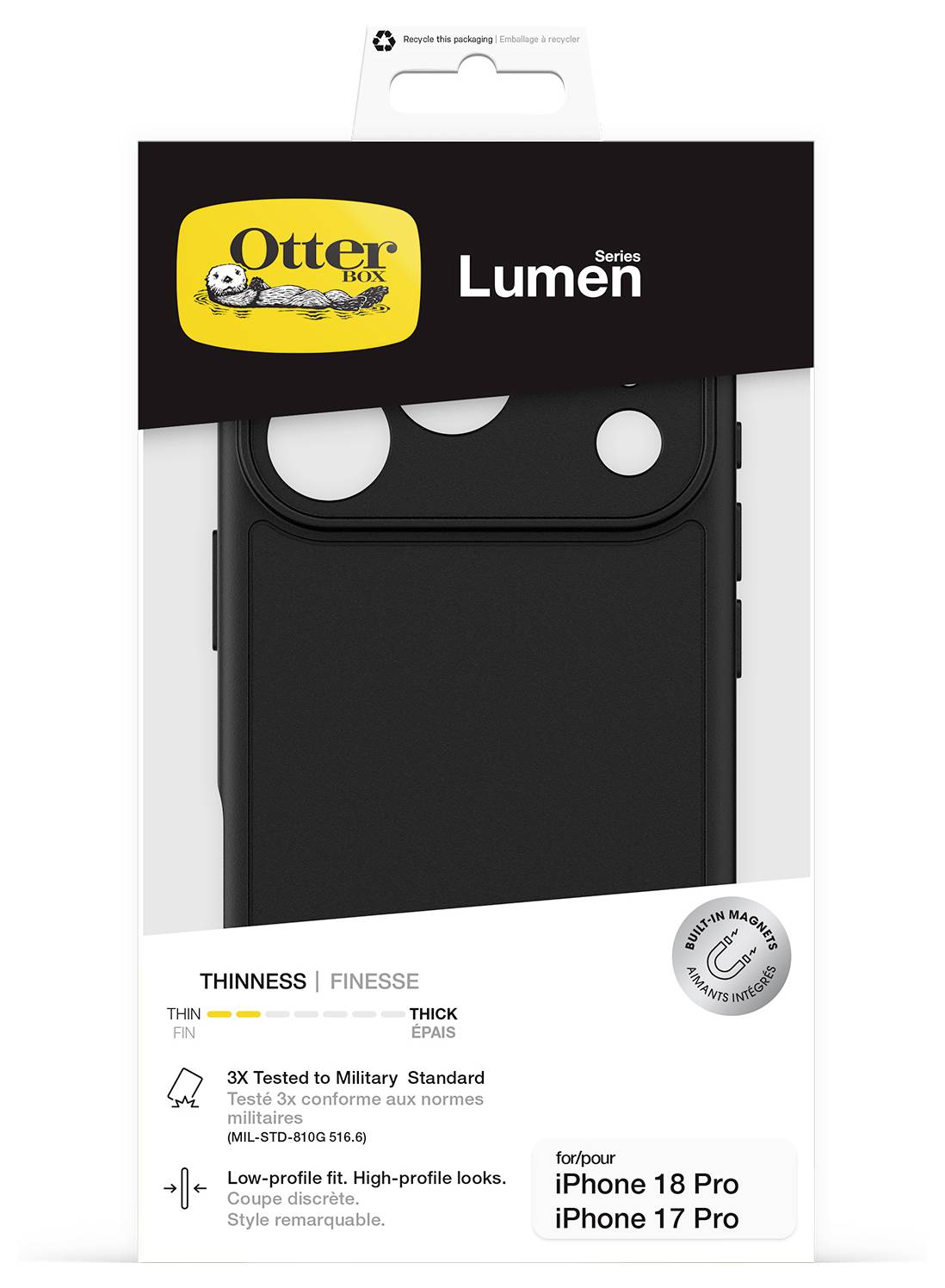 Emballage de la coque de téléphone OtterBox Lumen pour iPhone 18 Pro et iPhone 17 Pro, montrant une coque noire et des caractéristiques du produit telles que la finesse et la protection contre les chutes aux normes militaires.