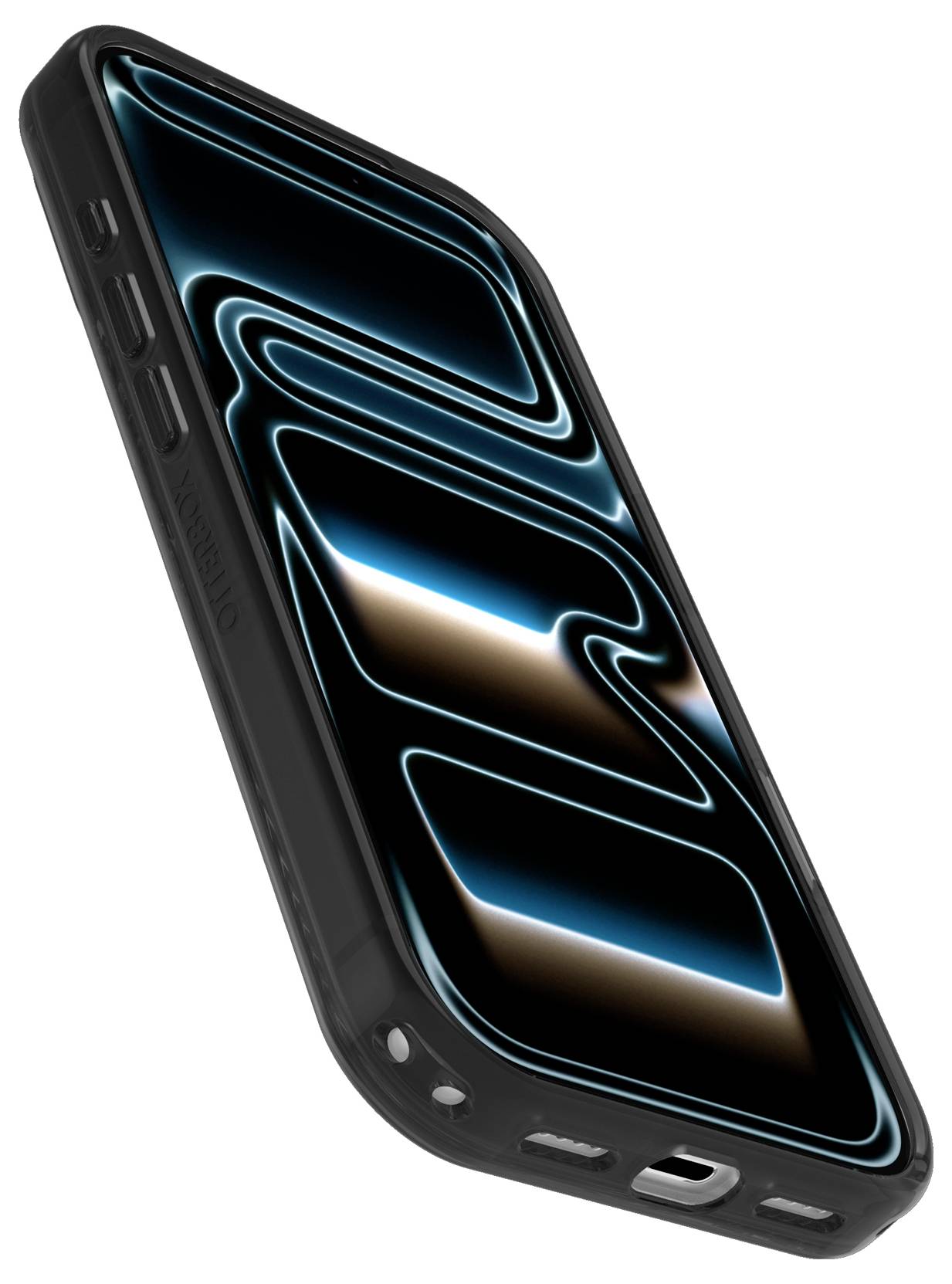 Téléphone intelligent noir orienté sur un fond blanc, affichant un graphique d'onde abstraite bleue brillante sur l'écran.