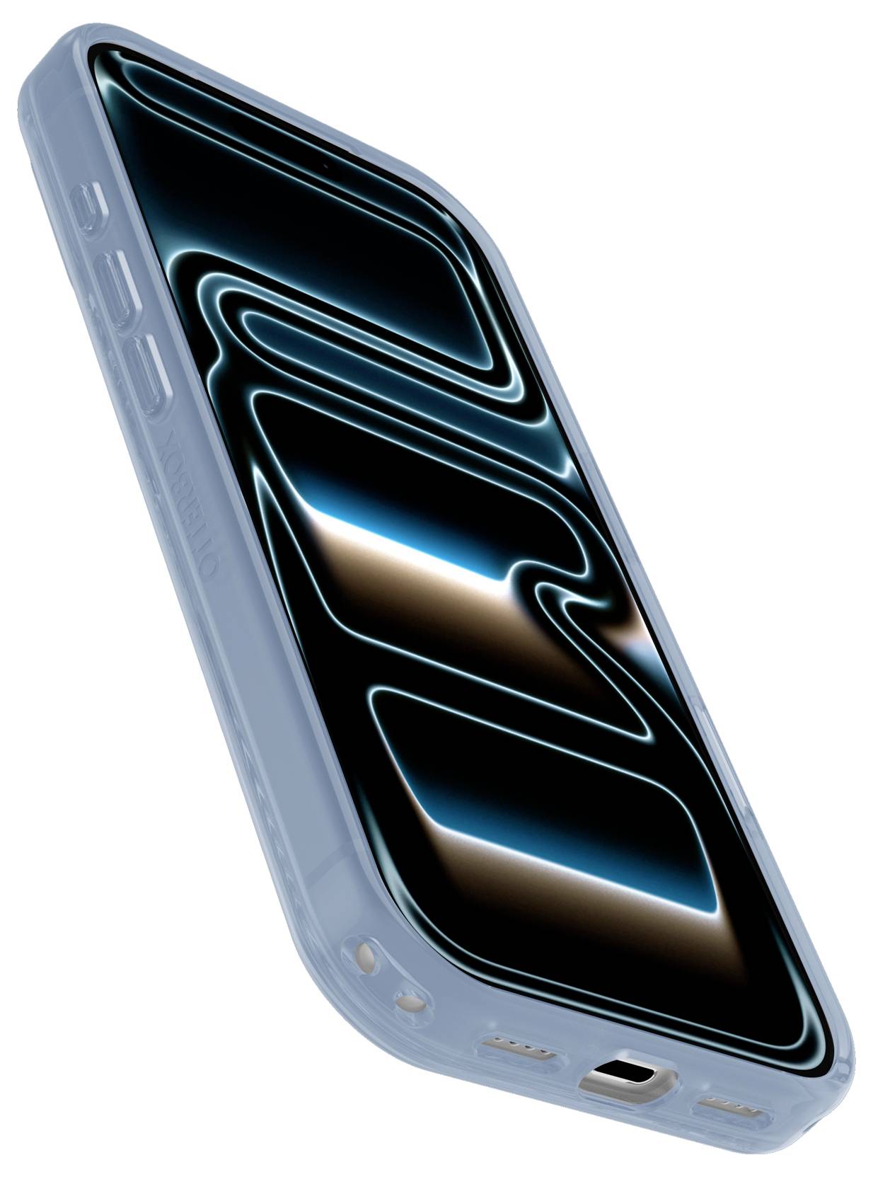 Un smartphone bleu présenté sous un angle, avec un motif d'onde abstraite brillante sur l'écran.