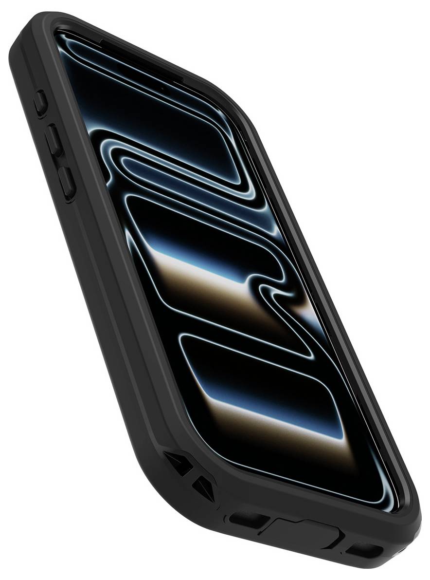 Étui de téléphone intelligent robuste noir incliné avec un graphique d'écran abstrait bleu et or brillant à l'intérieur de la zone d'affichage.