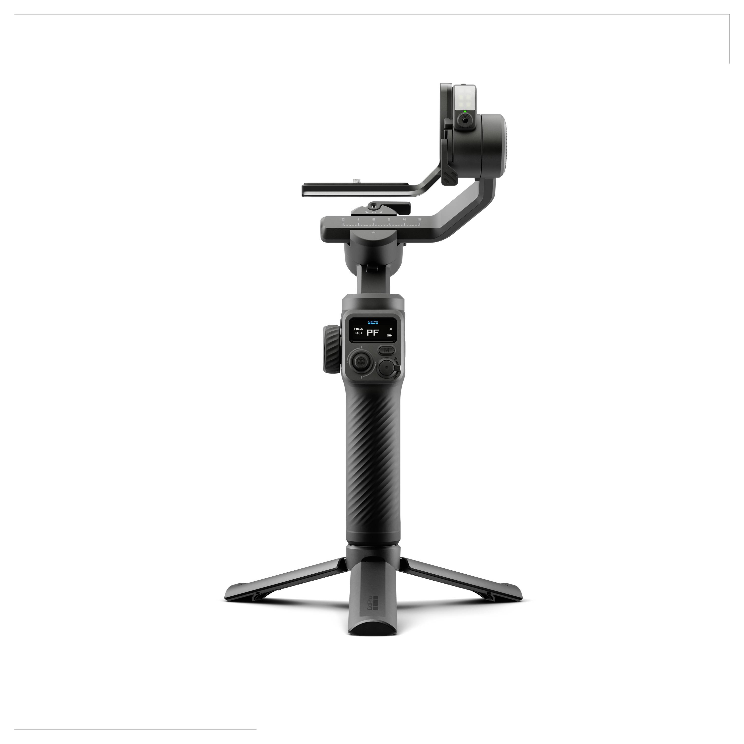 Cardan de caméra portatif noir sur un petit trépied, montré en vue de face sur un fond blanc.