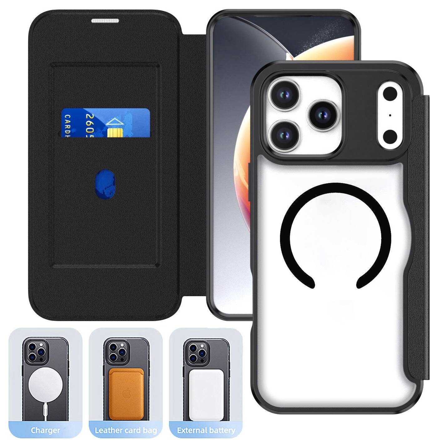 4Smarts Urban Pro Flipcase Étui portefeuille Apple iPhone 18 Pro Max, iPhone 17 Pro Max noir, transparent chargement par-4
