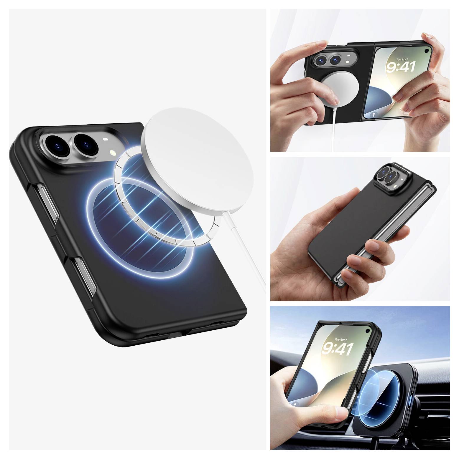 Étui de chargement sans fil magnétique pour téléphone montré avec un chargeur qui s'attache à l'arrière, plus des vues en encadré de l'utilisation à la main et du chargement en support de voiture.