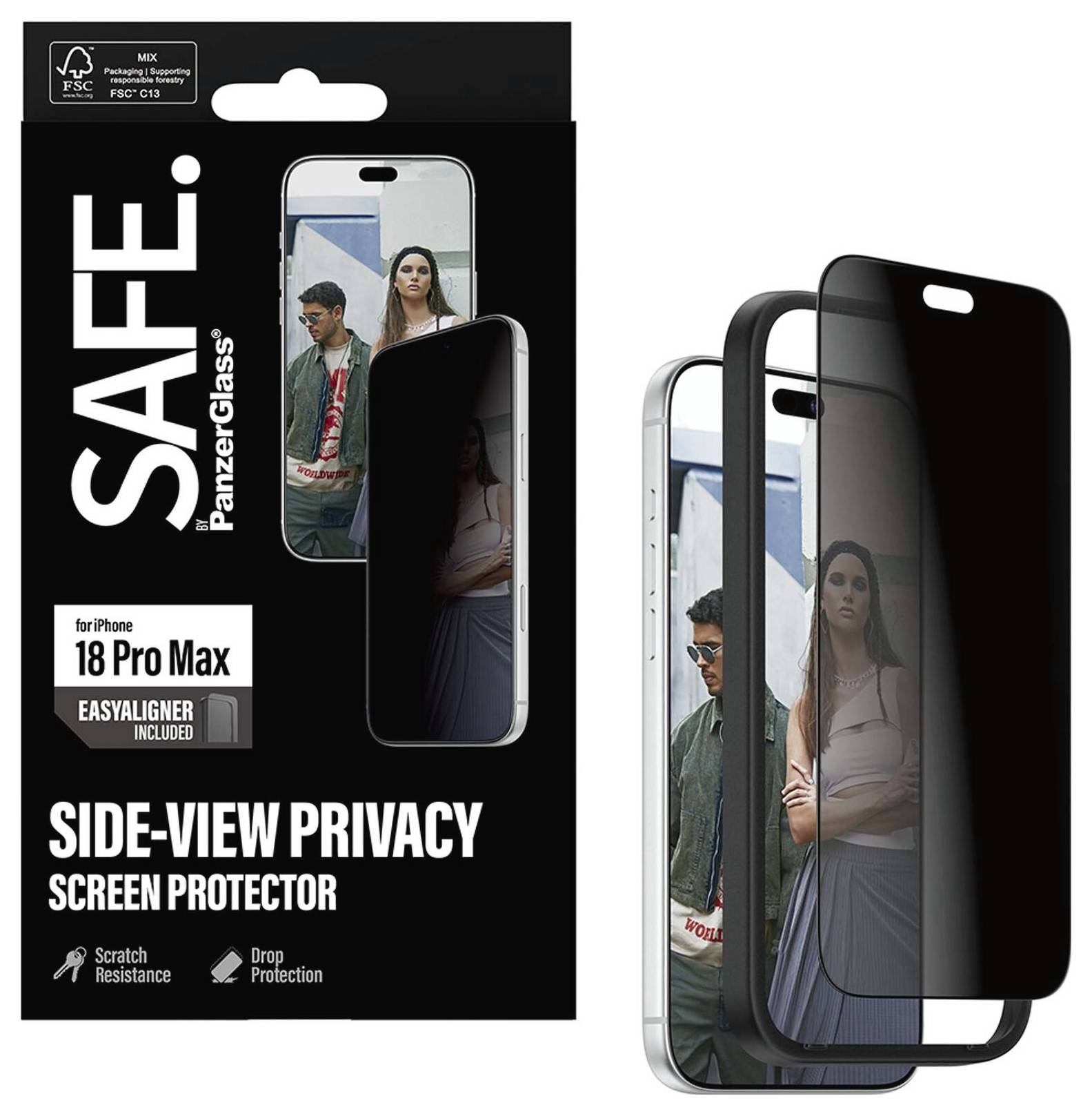 SAFE ! Protecteur d'écran de confidentialité pour vue latérale PanzerGlass pour iPhone 18 Pro Max, présenté avec son emballage et un écran teinté bloquant les vues latérales.