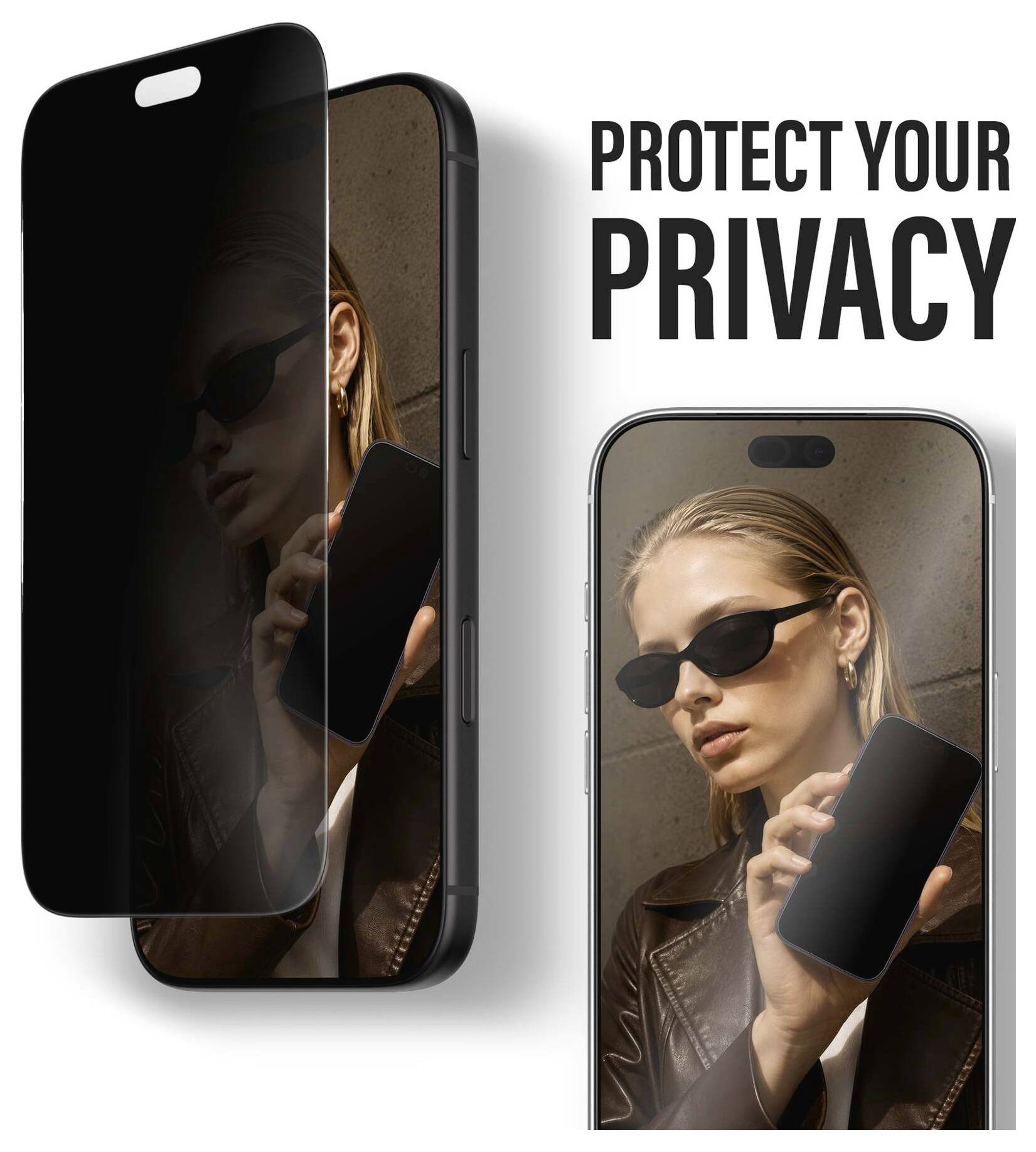 Une publicité montrant un protecteur d'écran de confidentialité réduisant la visibilité latérale sur un smartphone, avec le texte « PROTÉGEZ VOTRE CONFIDENTIALITÉ » et une femme tenant un téléphone.
