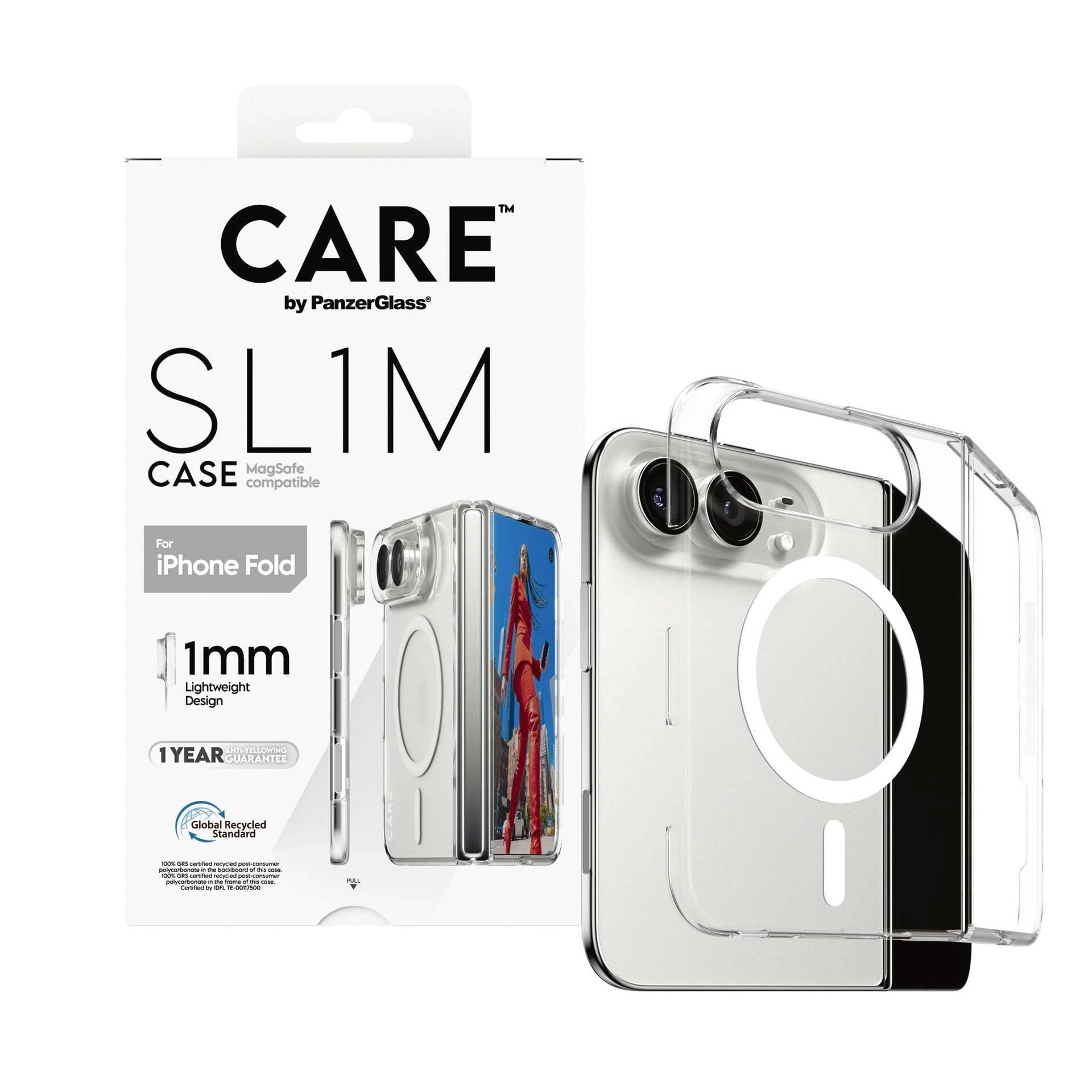 Étui PanzerGlass CARE Slim pour iPhone Fold, transparent compatible MagSafe - housse de protection légère de 1 mm présentée sur l'emballage et le téléphone.