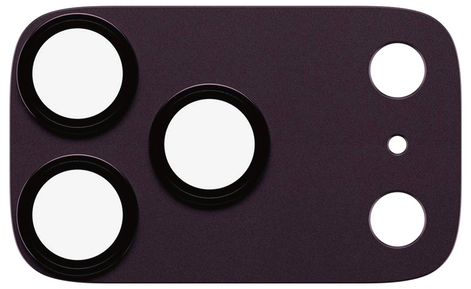 Couvercle d'objectif de caméra rectangulaire noir avec trois grandes ouvertures circulaires pour objectif et deux petits orifices pour capteur.