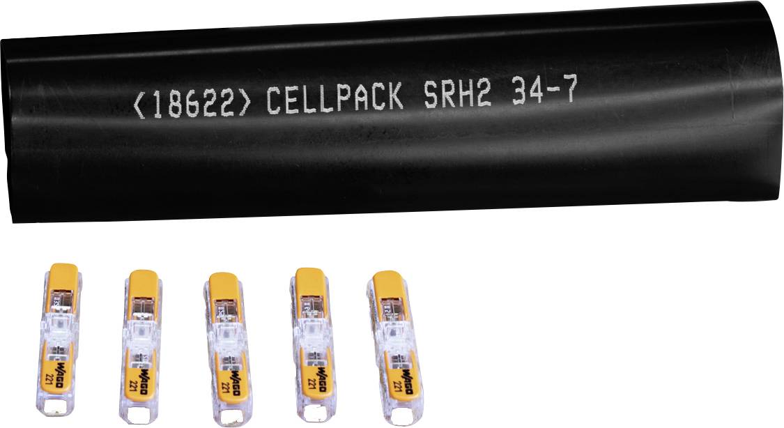 Batterie noire étiquetée « CELLPACK SRH2 34-7 » avec cinq petites piles cartouches orange et transparentes présentées ci-dessous.