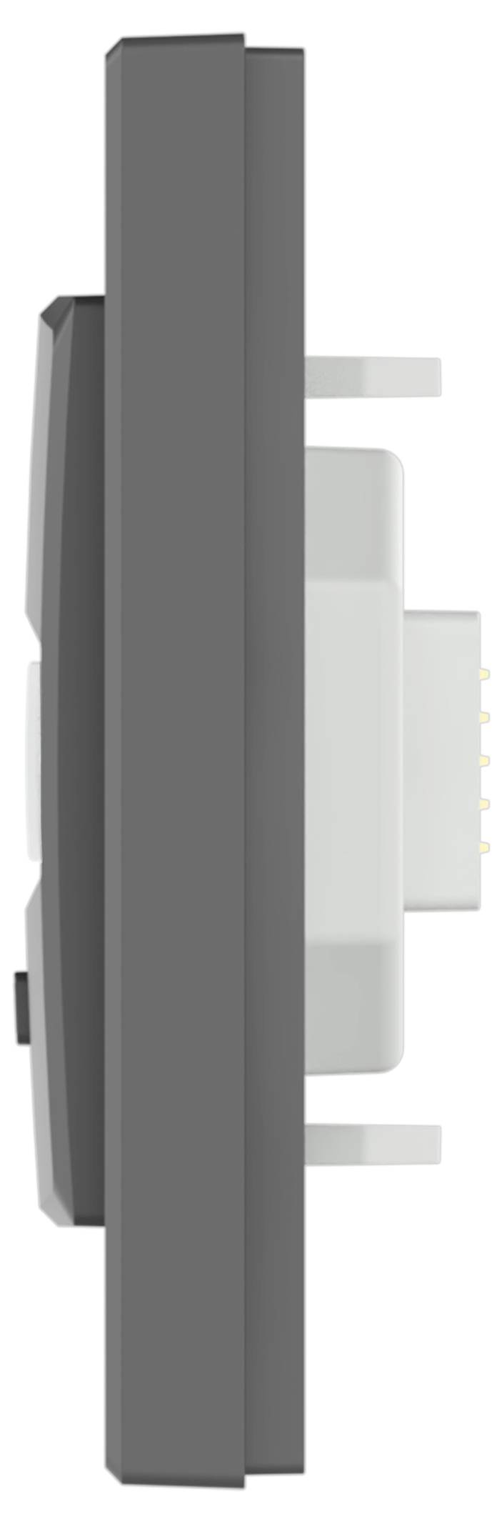 Vue latérale d'un appareil intelligent monté sur mur ou d'un panneau de commande avec une lunette avant sombre et un boîtier gris clair, montrant les composants en couches et les connecteurs latéraux.