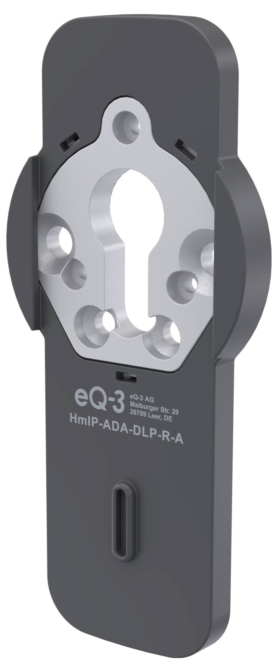 Équerre de montage industrielle gris foncé avec une ouverture centrale en forme de trou de serrure, des trous de boulons et une étiquette visible « eQ-3 HmIP-AD-LP-R-A » sur le devant.