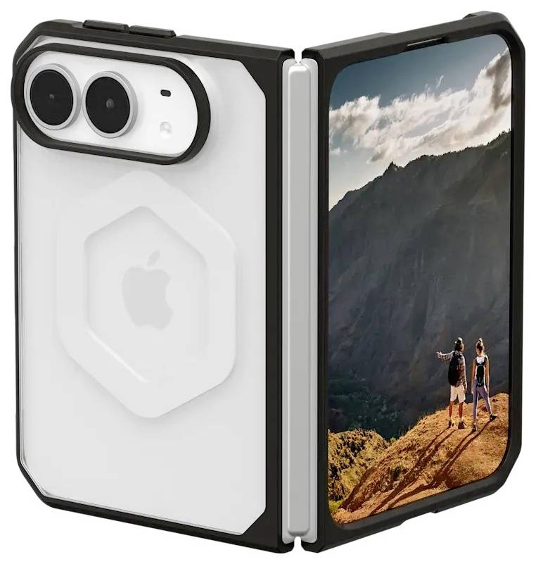Smartphone pliable affiché ouvert, avec deux caméras arrière, un étui de protection transparent et une photo de paysage sur l'écran.