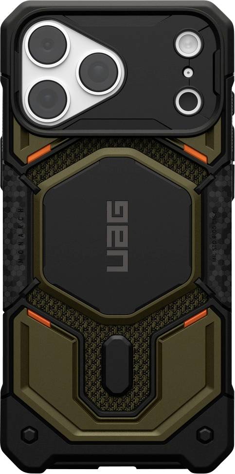 Étui de smartphone robuste noir avec protection surélevée de la caméra et logo UAG hexagonal centré au dos.