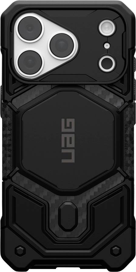 Étui de smartphone robuste noir avec coins renforcés, protection caméra surélevée et logo UAG au dos.