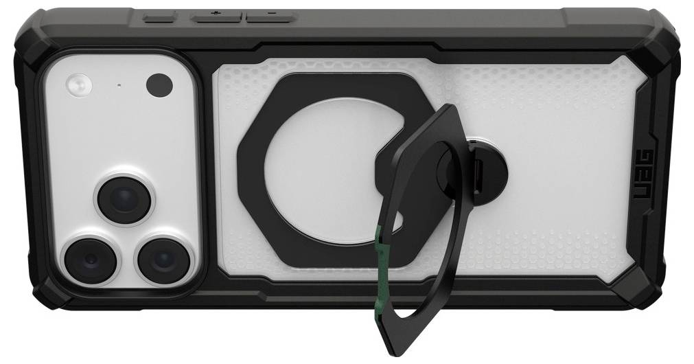 Étui de téléphone robuste noir avec anneau circulaire intégré sur le dos, présenté sur un smartphone.