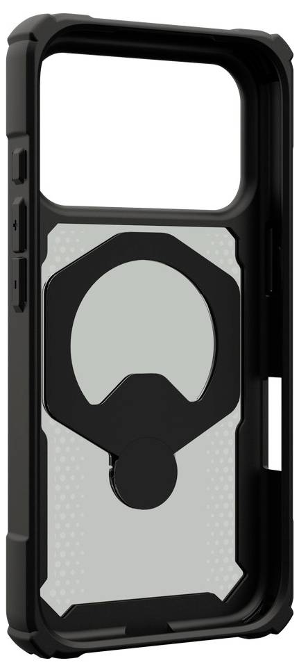 Étui de protection pour smartphone robuste noir présenté de l'arrière, avec une grande découpe circulaire et un insert à motif gris.