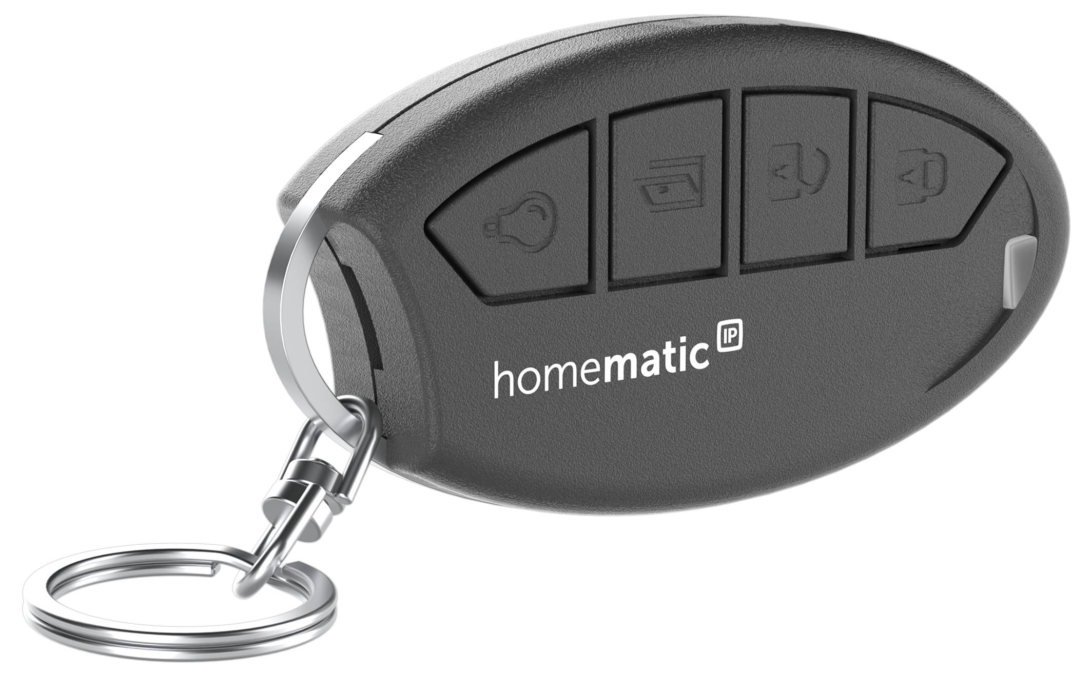 Télécommande Black Homematic avec quatre boutons de contrôle et porte-clés en métal, présentée sur fond blanc.