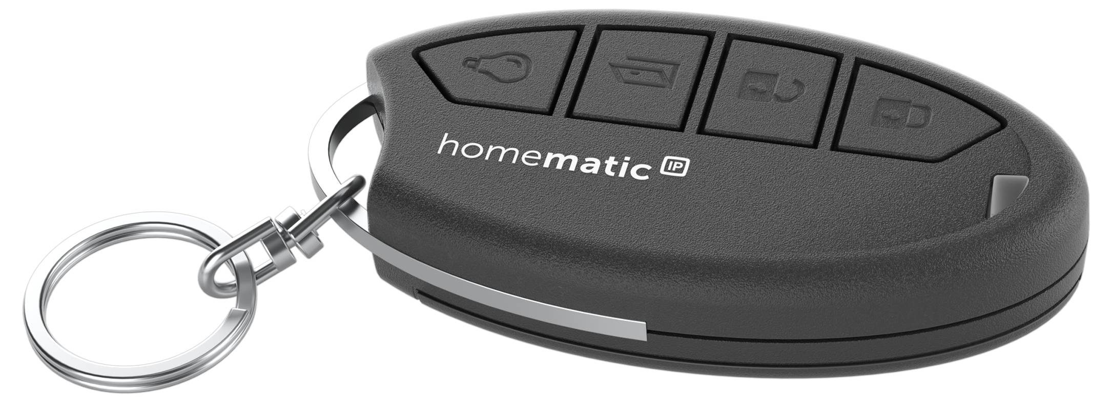 Télécommande Homematic noire avec quatre boutons et un porte-clés en métal, présentée sur fond blanc.