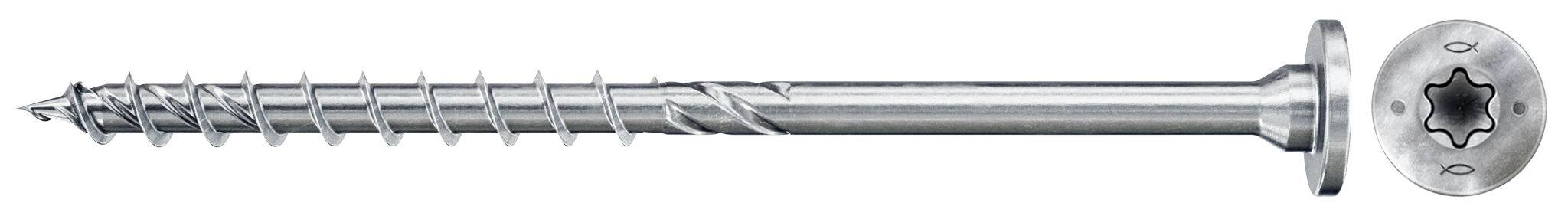 Une vis en métal avec un long arbre fileté et une tête de entraînement en étoile de style Torx, présentée horizontalement sur un fond blanc.
