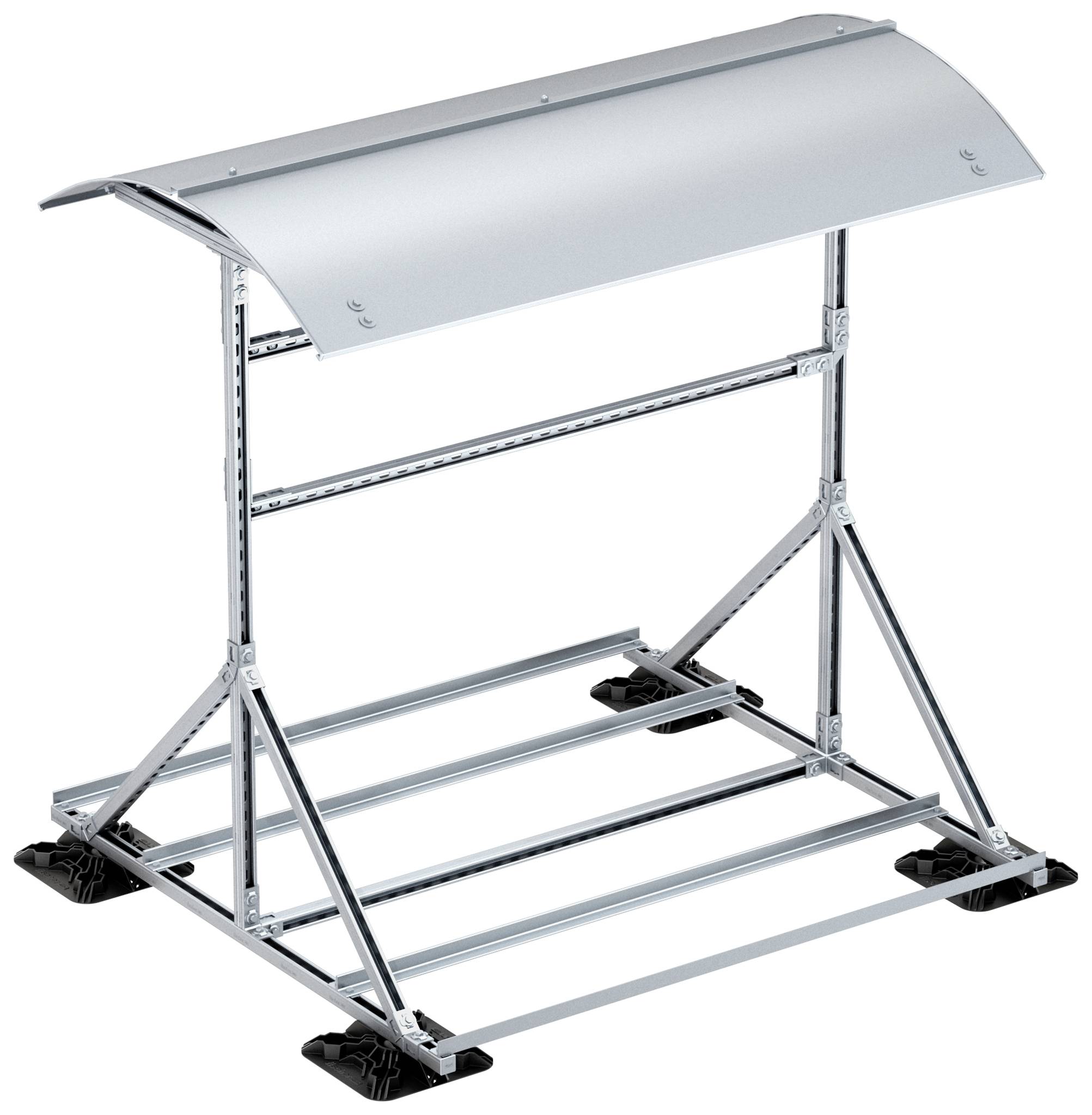 Garde-neige de toit métallique avec auvent courbe et cadre de support triangulaire, monté sur une base avec barres transversales et pieds d'angle.