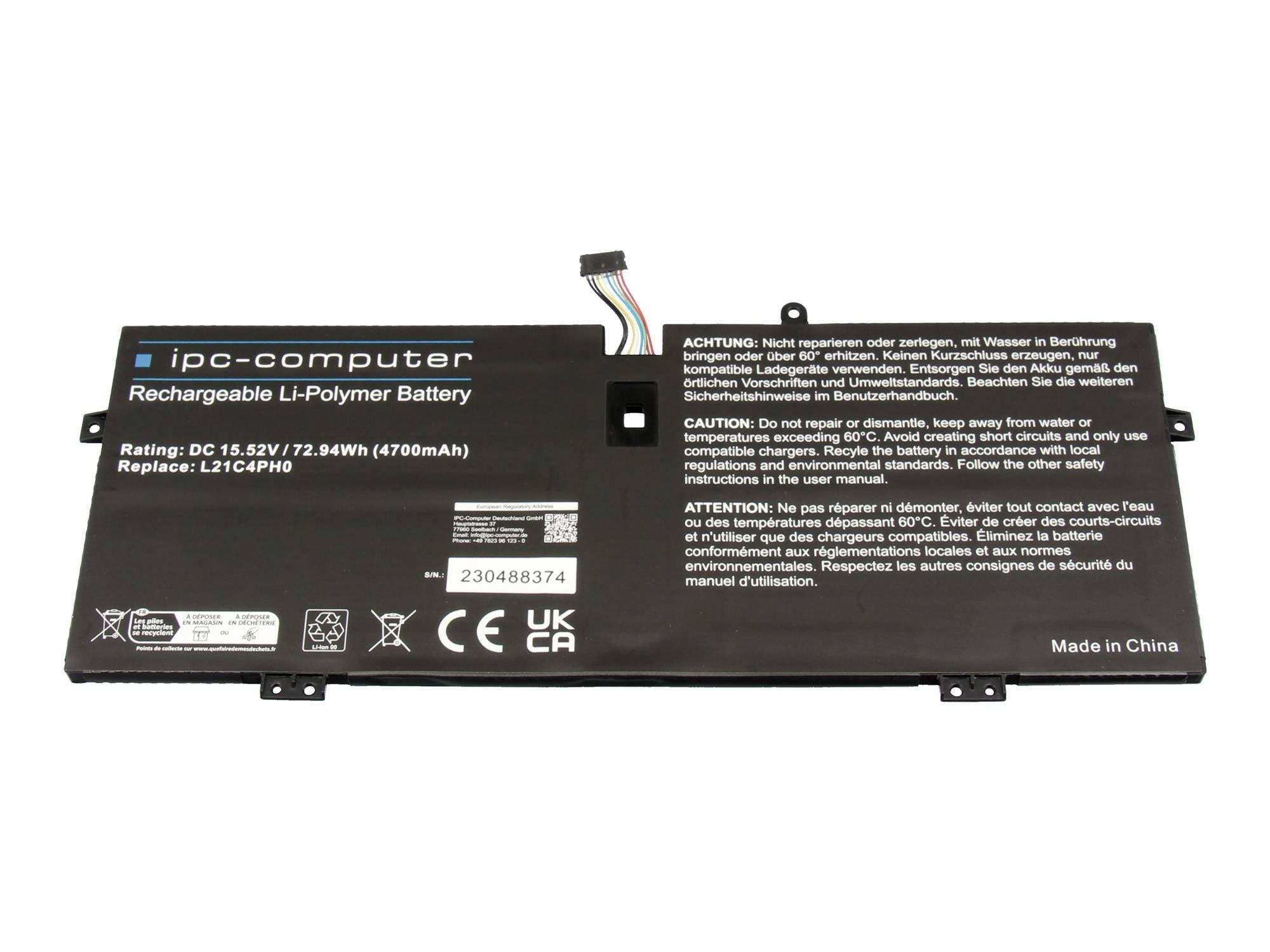 Pack batterie de portable Li-polymère rechargeable pour ordinateur IPC noir avec étiquettes d'avertissement et fils connecteurs sur fond blanc.